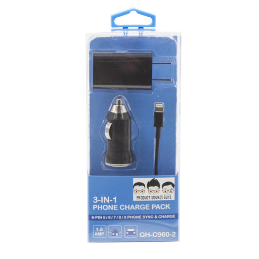 QH-C960-2 PSG 8-Pin 3-in-1 Auto, Home Charge and Sync Kit Black